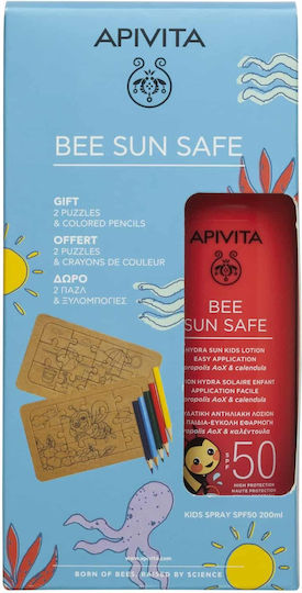 Apivita Bee Sun Safe Waterproof Kids Sunscreen Spray SPF50 200ml & Gift 2 Puzzles & Colored Pencils