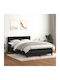 Κρεβάτι Υπέρδιπλο Επενδυμένο με Ύφασμα Μαύρο με Τάβλες & Στρώμα 160x210cm