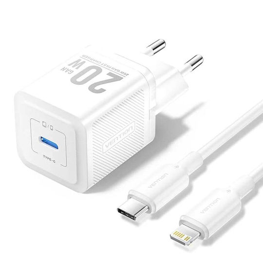 Vention Φορτιστής GaN με Θύρα USB-C και Καλώδιο USB-C - Lightning 20W Power Delivery Λευκός (TZ-FEPW0-EU-02)