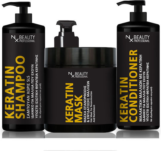 NX Beauty Professional Hair Treatment Set with Keratin for Straightening with Shampoo, Mask and Conditioner 3pcs