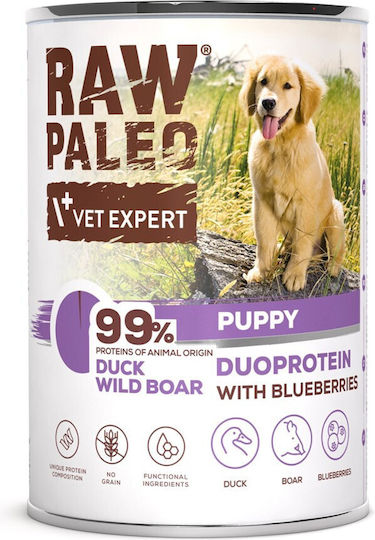 VetExpert Raw Paleo Wet Food for Puppies in Cans with Duck and Wild Boar Grain-Free & Gluten-Free 400gr