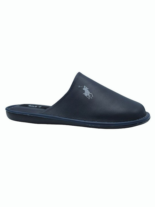 Soulis Shoes Δερμάτινες Χειμερινές Ανδρικές Παντόφλες Μπλε