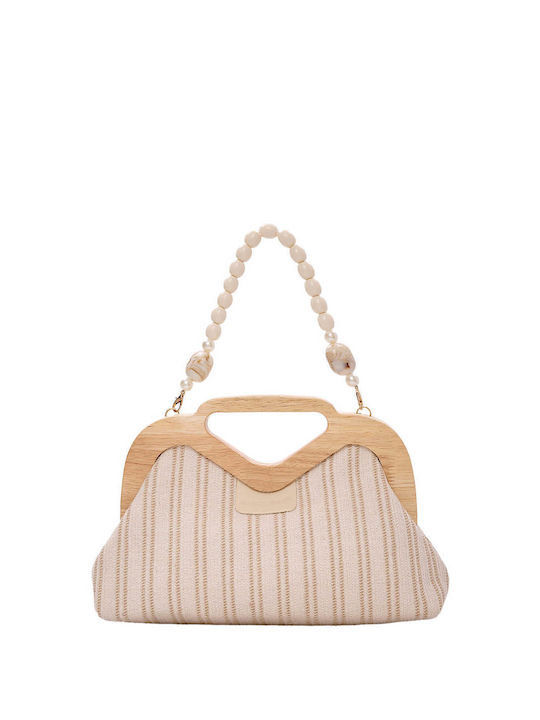 Beige Handbag with Wood & Fabric Details