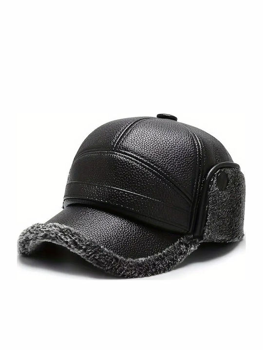Luciano Faketti Men's Winter Artificial Leather Hat with Ear Flaps Thick Windproof & Comfortable Knitted Baseball Cap Black
