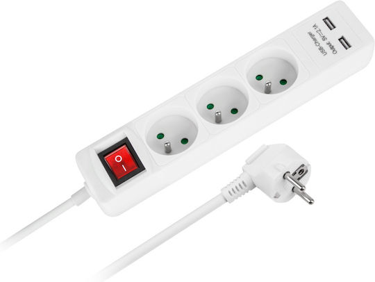 Πολύπριζο 3 Θέσεων με 2 USB-A, Διακόπτη και Καλώδιο 3m Γαλλίας (Type E)