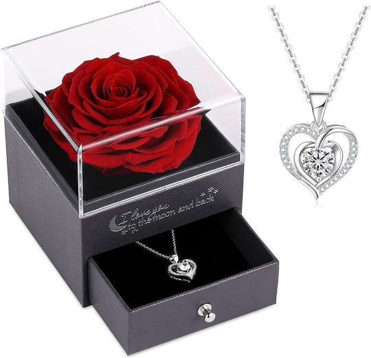 Red Rose with Silver Necklace in Box