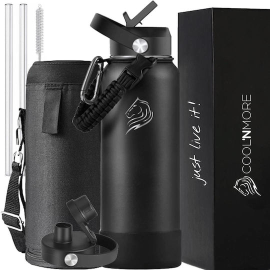 Cool'NMore Jet Μπουκάλι Θερμός Ανοξείδωτο BPA Free 1.2lt Jet Black με Επιστόμιο, Θηλιά, Καλαμάκι και Λαβή