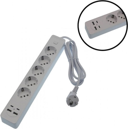 Jortan Power Strip with Surge Protection 5 Positions with 2 USB-A, 2 USB-C, Switch and Cable 2m