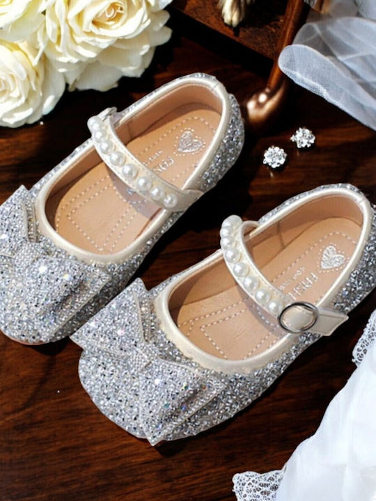 Kids Leather Ballerinas with Adjustable Metal Clasp Silver