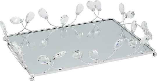 Decorative Metal Tray 41x27x7 cm Silver Mirror Crystals Keskor 43066