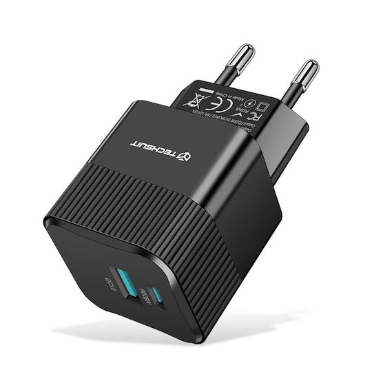 Techsuit Charger Without Cable GaN with USB-A Port and USB-C Port 25W Power Delivery / Quick Charge 3.0 Blacks (CHPD216)