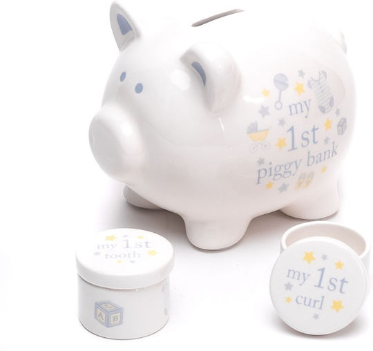 Hello Baby Blue Ceramic Piggy Bank Box Set