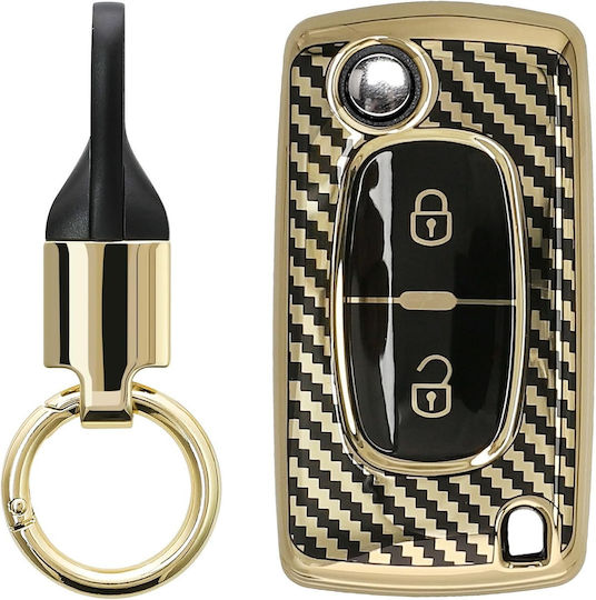 Peugeot Citroen Car Key Case Silicone Keychain Flip Key 2 Buttons Metallic Carbon Fiber Gold Black Kwm000025gd001c