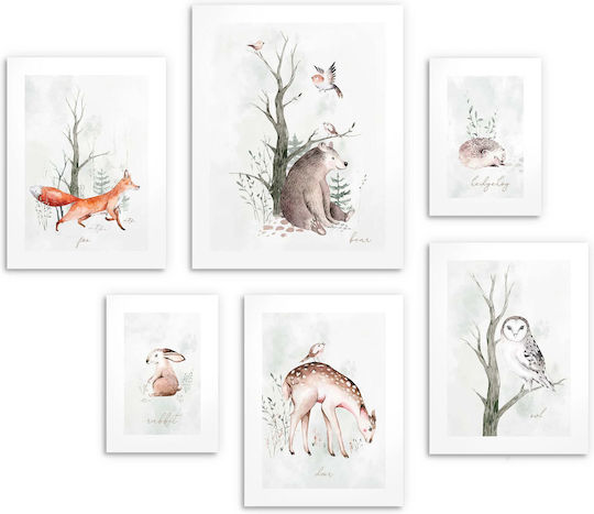 Kids Posters Set of 6 Pieces Gallery Watercolour Forest Animals Set 100x100
