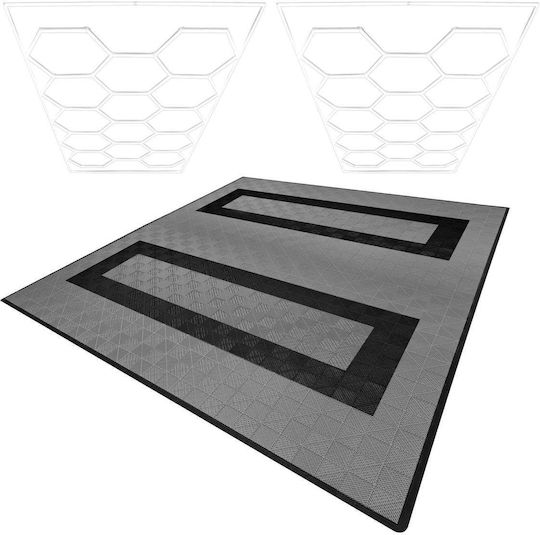Hexagon LED-Leuchten X 2 & Belüftete Garagenbodenfliesen Kanten 165 Grau & 60 Schwarz