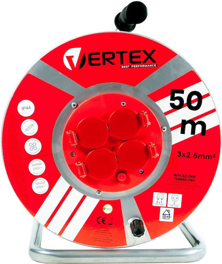 Vertex Μπαλαντέζα Καρούλι 4 Θέσεων με Καλώδιο 50m Διατομή 3 x 2.5mm² και Γείωση Στεγανή