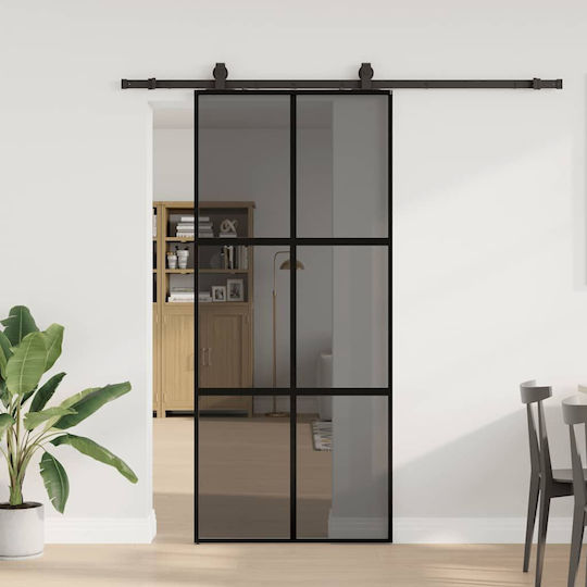 Vidaxl Συρόμενη Πόρτα Σετ Υλικού Μαύρο 90x205 Cm Γυαλί Μετριασμένο Μαύρο