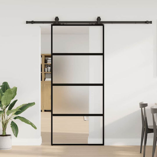 Vidaxl Συρόμενη Πόρτα Σετ Υλικού Μαύρο 90x205 Cm Γυαλί Μετριασμένο Μαύρο