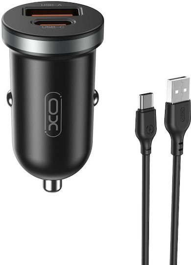XO CC56 Автомобилен Зарядно Устройство 30W 3A Бързо Зареждане с Портове 1xUSB-A 1xType-C с Кабел Type-C Черен Цвят