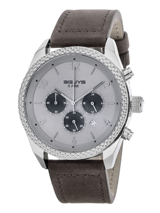 3Guys Men's Watch 45mm Chronograph Battery with Brown Leather Strap