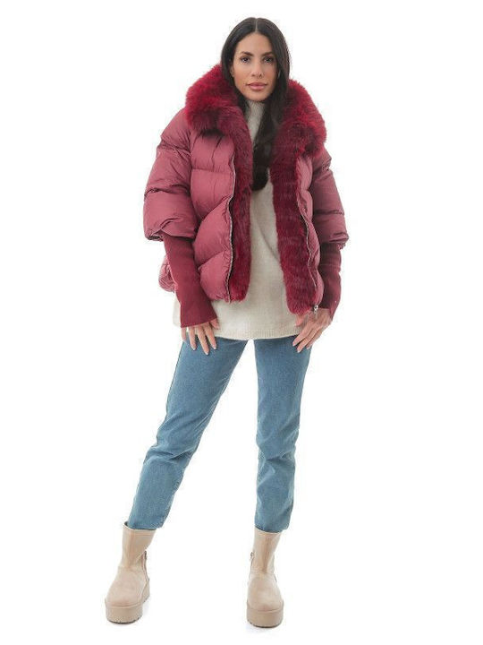 Women's Short Puffer Jacket for Winter with Hood Burgundy
