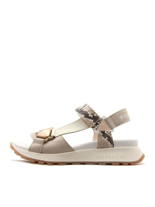 Leather Women's Flat Sandals Sporty in Ecru Color