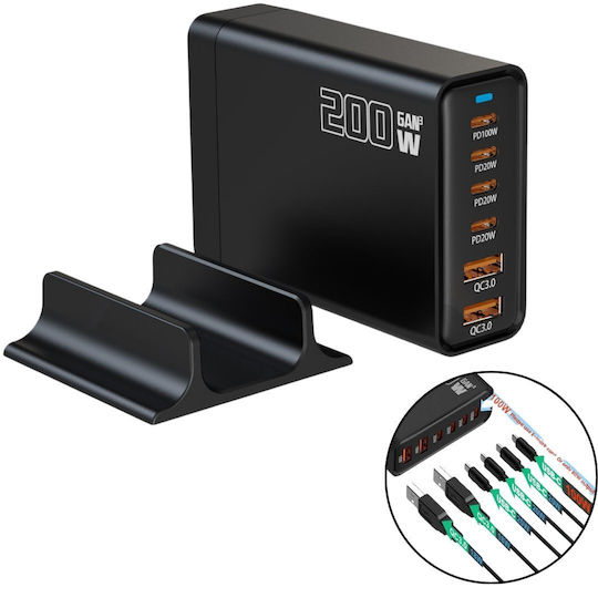 Andowl Βάση Φόρτισης GaN με 2 Θύρες USB-A και 4 Θύρες USB-C 200W Power Delivery / Quick Charge 3.0 σε Μαύρο χρώμα (Q-CD787)