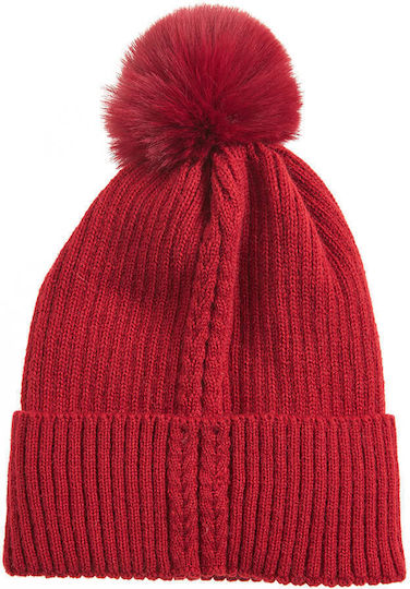 Pom Pom Beanie Γυναικείος Σκούφος Πλεκτός σε Κόκκινο χρώμα