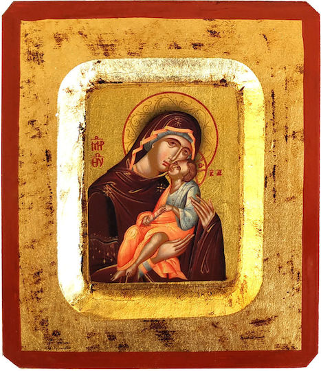 Jungfrau Maria Christus Glykophilousa "Geschnitzte Ikone Siebdruck Kategorie M-skf Nr. 000 Abmessung 8,5 cm x 10,0 cm" MDF-Holz-Ikone S&k Byzantinische Ikonen