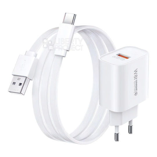 Remax Ladegerät mit USB-A Anschluss und Kabel USB-C 18W Schnellaufladung 3.0 Weißs (RP-U119)