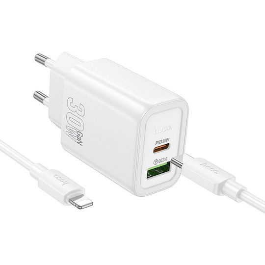 Hoco Încărcător cu Port USB-A și Port USB-C și Cablu USB-C - Lightning 30W Livrarea energiei / Quick Charge 3.0 Albς (N63)