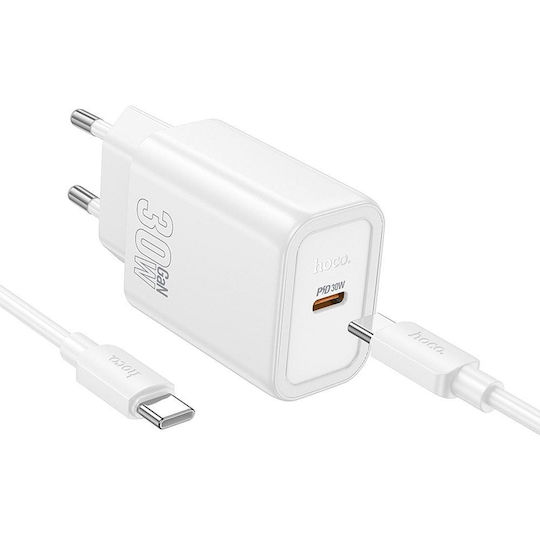 Hoco Φορτιστής με Θύρα USB-C και Καλώδιο USB-C - USB-C 30W Power Delivery / Quick Charge 3.0 Λευκός (N62)