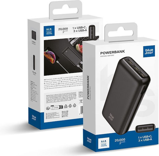 Blue Star W2027 Power Bank 20000mAh με 3 Θύρες USB-A και Θύρα USB-C Μαύρο