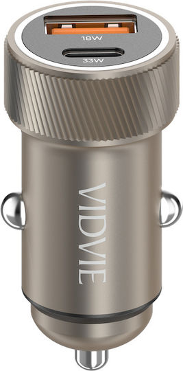 Vidvie Încărcător Auto Cu Mufă De Brichetă 18W 2.5A Încărcare Rapidă Cu Porturi 1xUSB-A 1xType-C Împreună Cu Cablu Type-C Culoare Aurie