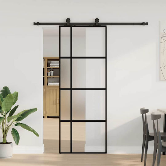Schiebetürbeschlag-Set Schwarz 76x205 cm Gehärtetes Glas Schwarz 76 x 205 cm Schiene 183 cm
