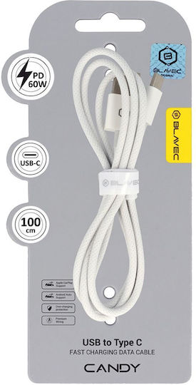 Blavec Braided USB 2.0 Cable USB-C male - USB-A 60W PD Λευκό 1m