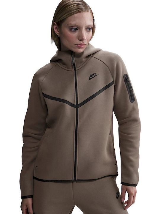 Nike Γυναικεία Ζακέτα Φούτερ με Κουκούλα Καφέ