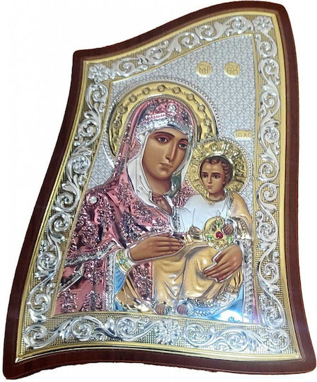 Asymmetrische Ikone Prinz Silvero Jungfrau von Jerusalem Silber Braun Holz 21,5x29,5cm Ma E1902 2-c