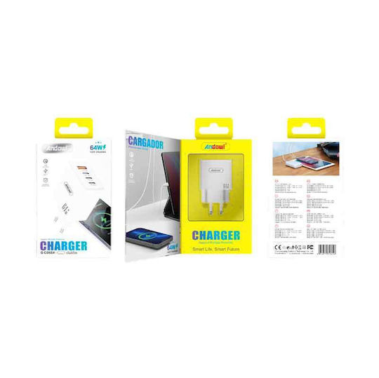 Andowl Φορτιστής Χωρίς Καλώδιο με Θύρα USB-A και 3 Θύρες USB-C 64W Power Delivery / Quick Charge 3.0 Λευκός (Q-CD664)