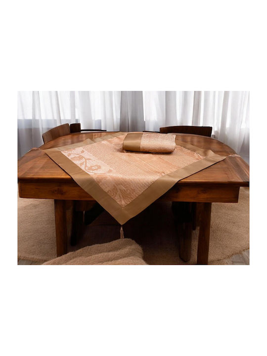 7-piece Satin Jacquard Border Merano Tablecloth Set Mocha Lh2065207-1