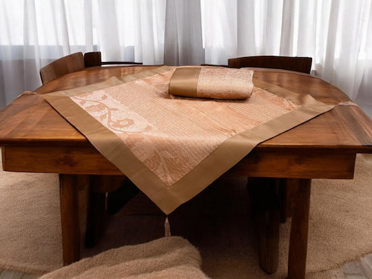 7-piece Satin Jacquard Border Merano Tablecloth Set Mocha Lh2065207-1