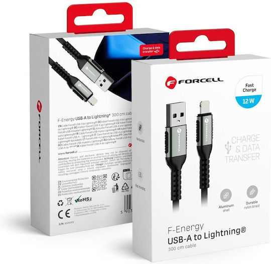 Forcell USB-A to Lightning Cable 12W Μαύρο 3m