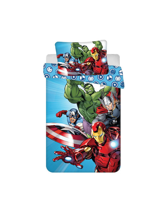 Avengers Set Kids Duvet Cover Single with Pillowcase Cotton Light Blue 100x135cm