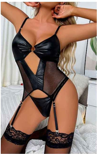 8615-02 Set Sexy Lingerie Body Tanga Lucios Negru