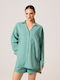 Langärmelig Damen Leinen Hemd Aqua