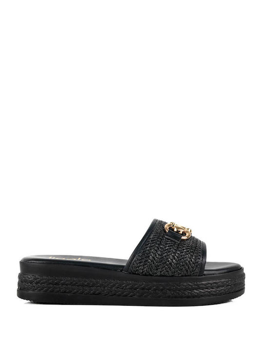 Black Sandals with Straw Band Decorative Element