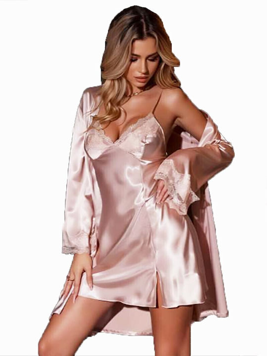 Passione Moda Καλοκαιρινή Γυναικεία Ρόμπα με Νυχτικό Πούδρα Passione Moda Καλοκαιρινή Γυναικεία Ρόμπα με Νυχτικό Πούδρα