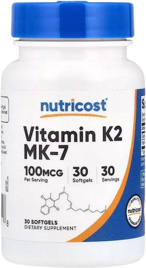 Nutricost Vitamin K2 MK-7 Βιταμίνη για την Υγεία των Οστών 100mcg 30 μαλακές κάψουλες