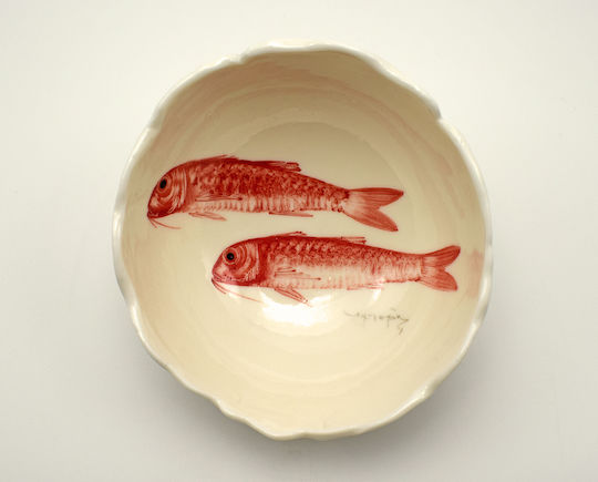 Handgefertigte Rotbarben-Porzellanschale 15 cm