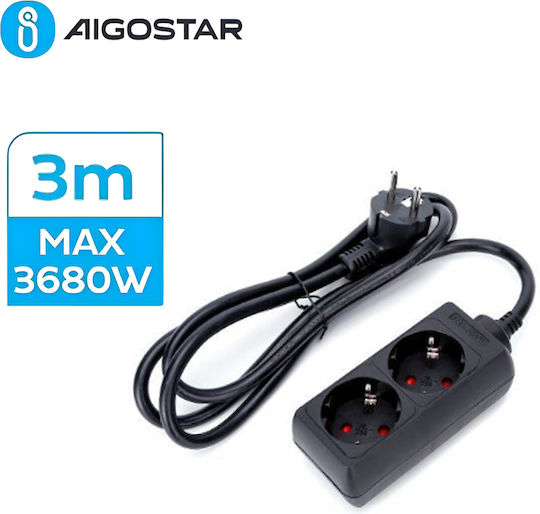 Aigostar Bandă de alimentare Securitate 2 Prize cu Cablu 3m